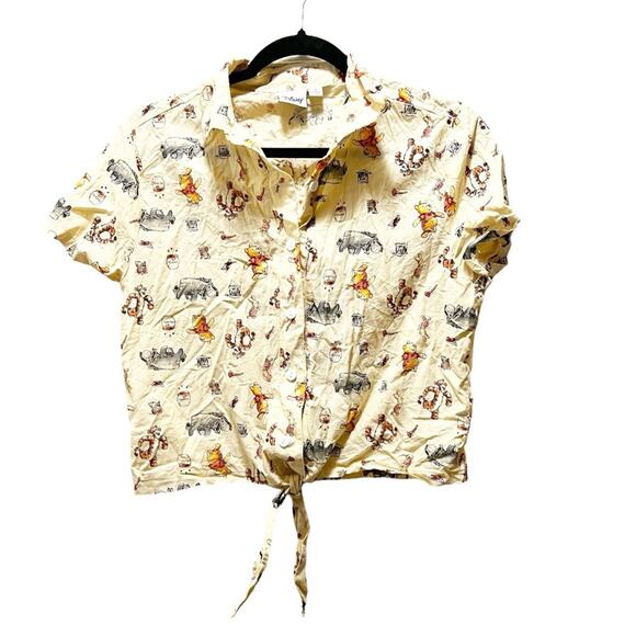 Disney Winnie the Pooh Retro 90s Yellow Short Sleeve Button Front Crop Top Sz XS - Picture 1 of 6